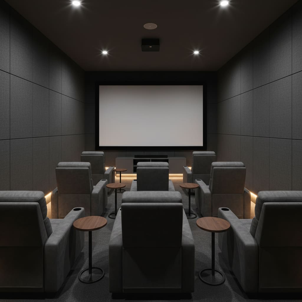 Private screening room prepared for a corporate presentation or film