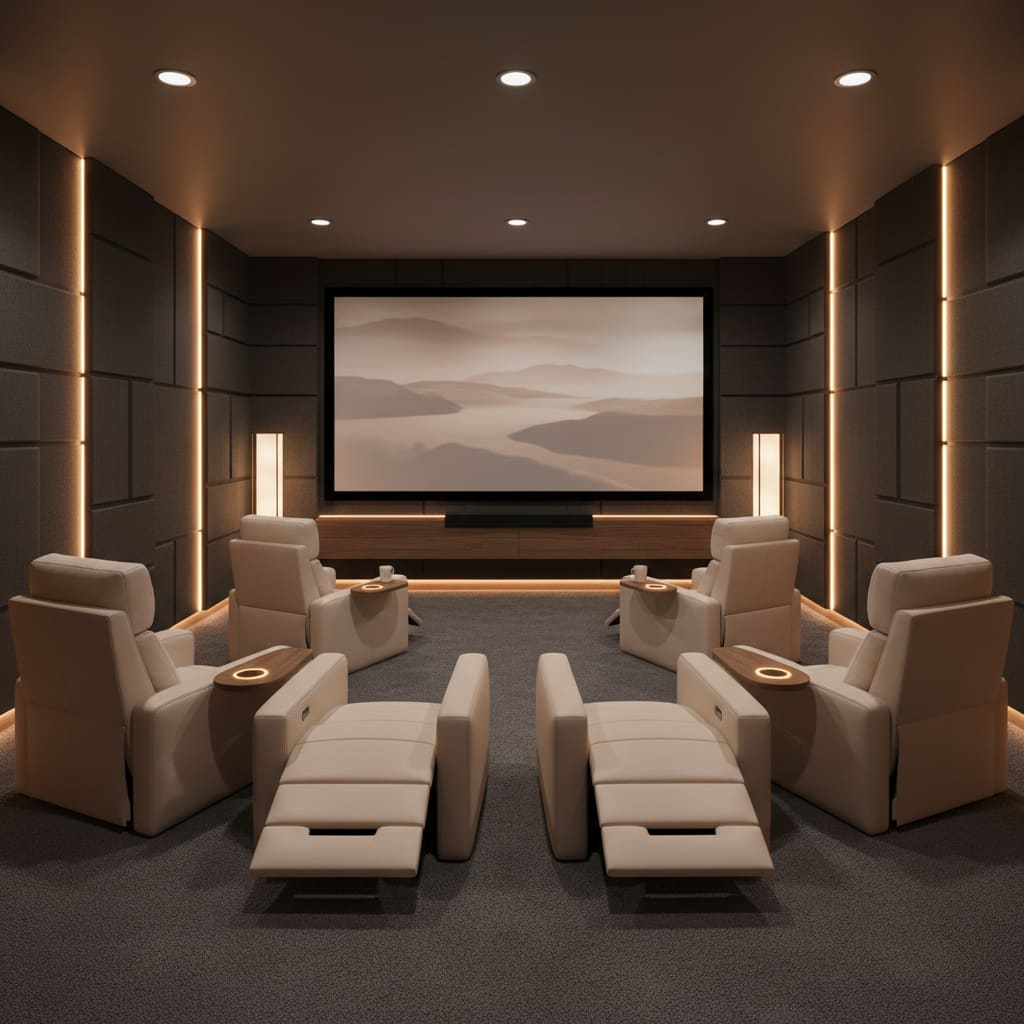 Boutique private cinema room with premium recliners and large screen