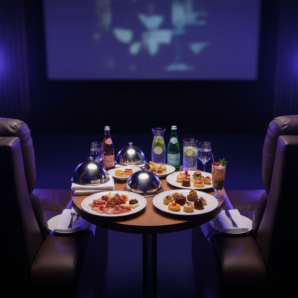 Gourmet platters and beverages served in-room between recliner seats